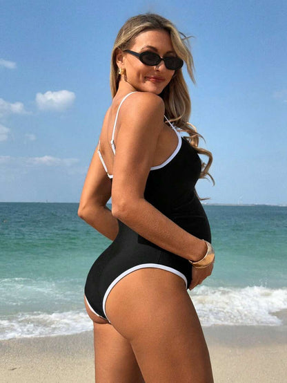 Elegant Navy Blue Monochrome Maternity One-Piece Swimsuit - Backless Colorblock Resort Beachwear with High Stretch
