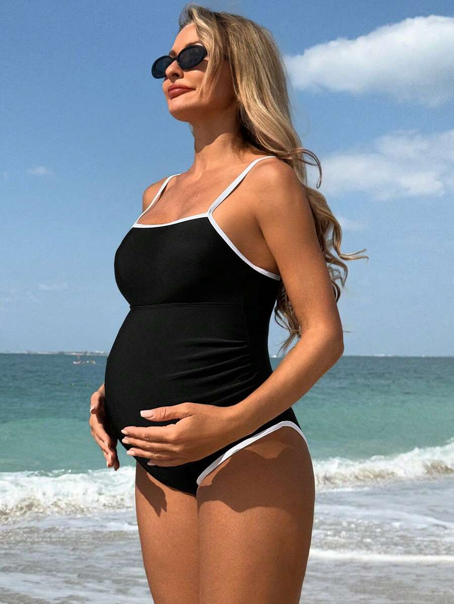 Elegant Navy Blue Monochrome Maternity One-Piece Swimsuit - Backless Colorblock Resort Beachwear with High Stretch