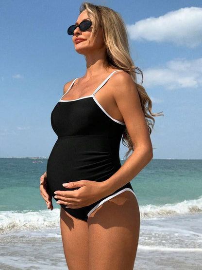 Elegant Navy Blue Monochrome Maternity One-Piece Swimsuit - Backless Colorblock Resort Beachwear with High Stretch