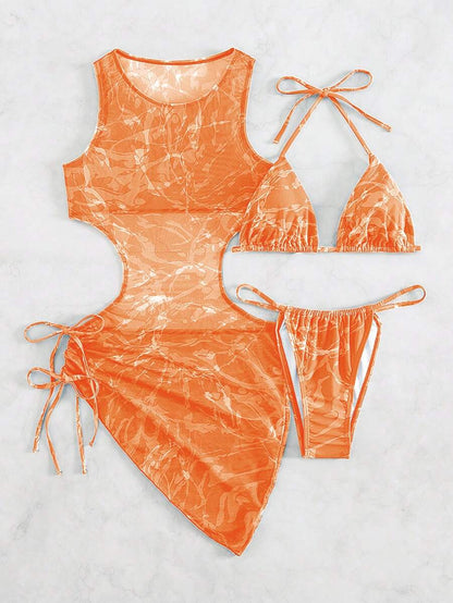 Women's 3-Piece Tie-Dye Bikini Set - Halter, Cover-Up Dress, Thongs, Green