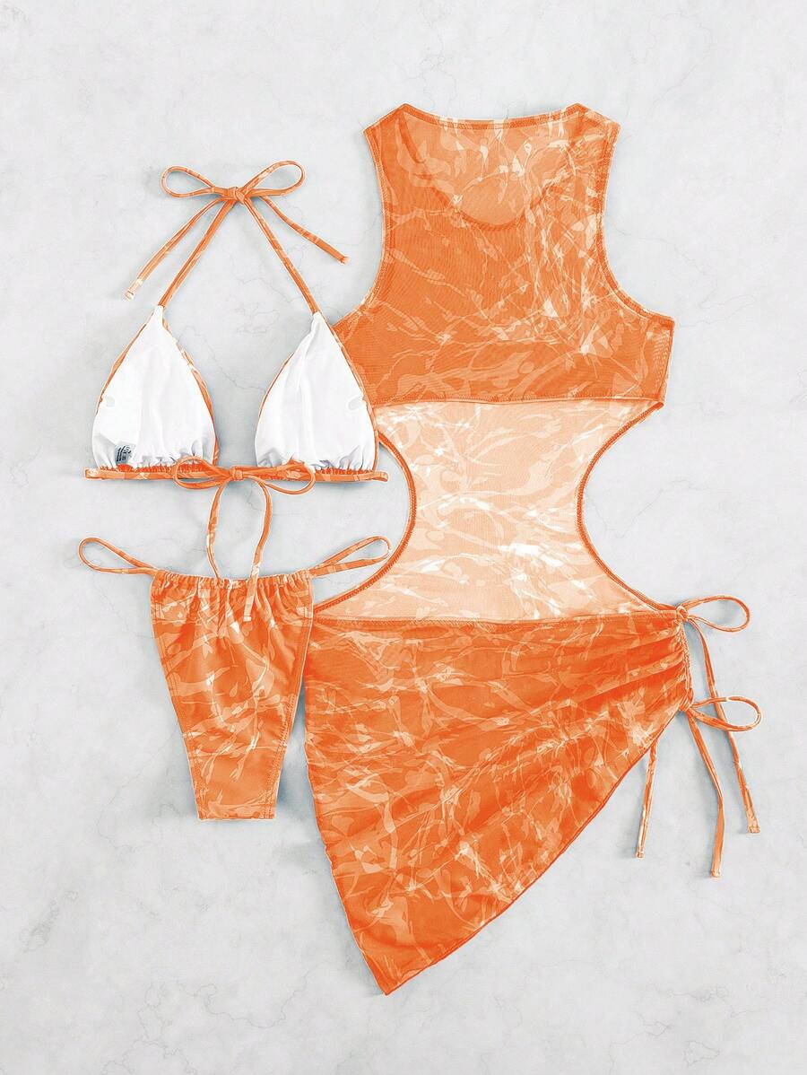 Women's 3-Piece Tie-Dye Bikini Set - Halter, Cover-Up Dress, Thongs, Green