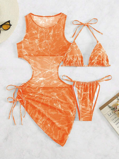 Women's 3-Piece Tie-Dye Bikini Set - Halter, Cover-Up Dress, Thongs, Green