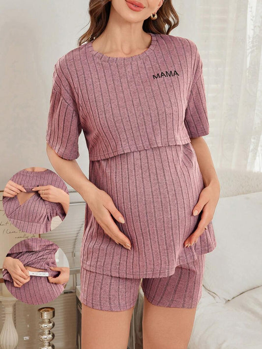 Maternity Nursing Homewear Set - Slogan Print Short Sleeve Top and Pants, Breastfeeding Loungewear