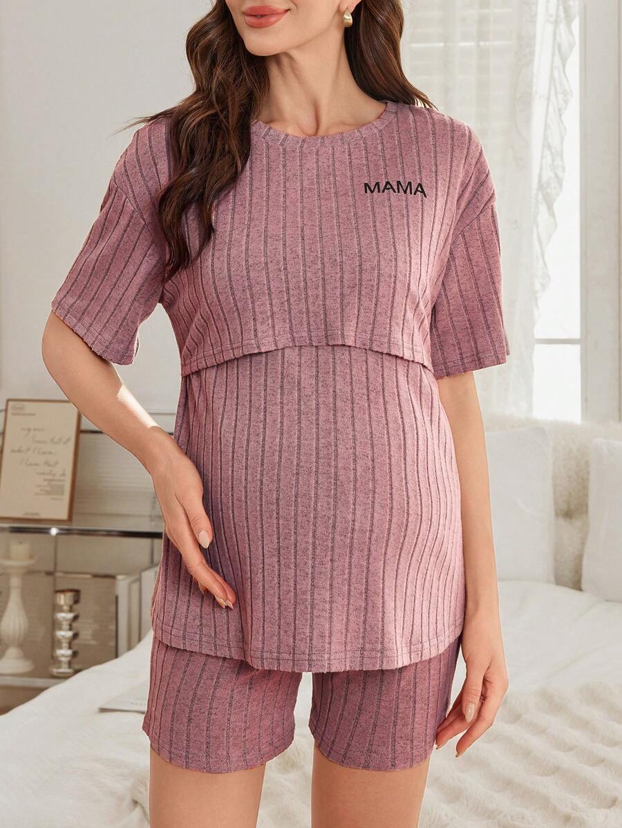 Maternity Nursing Homewear Set - Slogan Print Short Sleeve Top and Pants, Breastfeeding Loungewear