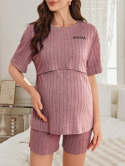Maternity Nursing Homewear Set - Slogan Print Short Sleeve Top and Pants, Breastfeeding Loungewear