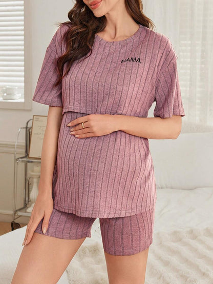 Maternity Nursing Homewear Set - Slogan Print Short Sleeve Top and Pants, Breastfeeding Loungewear