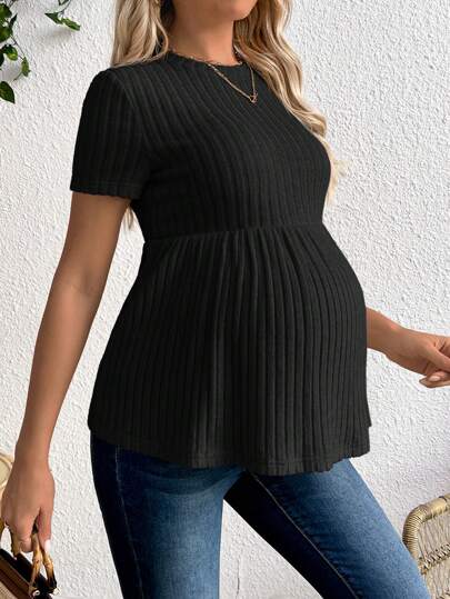 Maternity Rib Knit Ruffle Hem Top Black Round Neck Short Sleeve Slim Fit Casual Flared Tee Shirt for Daily Wear
