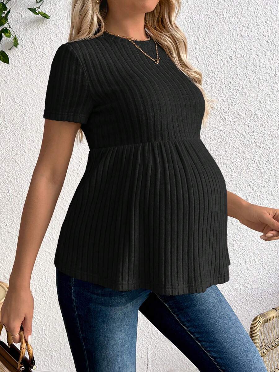 Maternity Rib Knit Ruffle Hem Top Black Round Neck Short Sleeve Slim Fit Casual Flared Tee Shirt for Daily Wear