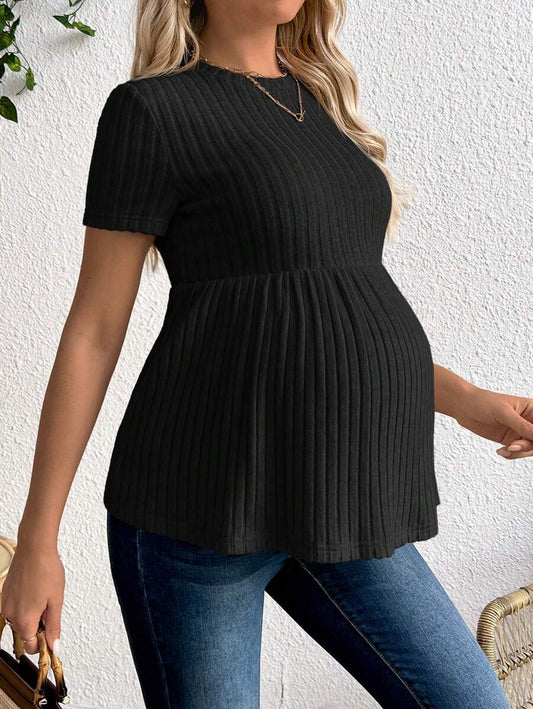 Maternity Rib Knit Ruffle Hem Top Black Round Neck Short Sleeve Slim Fit Casual Flared Tee Shirt for Daily Wear