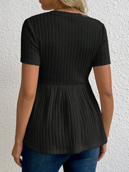 Maternity Rib Knit Ruffle Hem Top Black Round Neck Short Sleeve Slim Fit Casual Flared Tee Shirt for Daily Wear