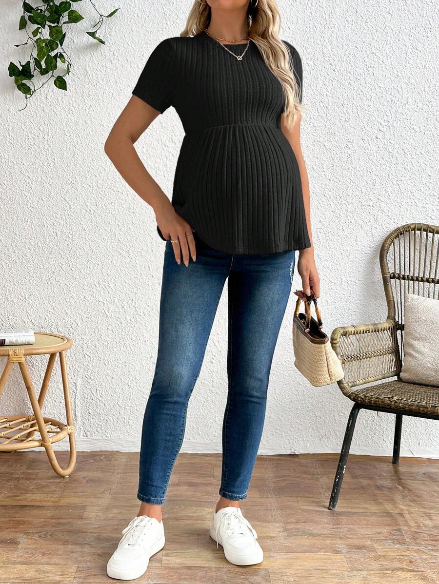 Maternity Rib Knit Ruffle Hem Top Black Round Neck Short Sleeve Slim Fit Casual Flared Tee Shirt for Daily Wear
