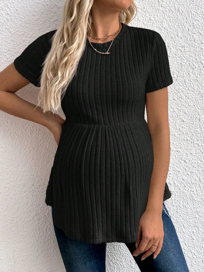 Maternity Rib Knit Ruffle Hem Top Black Round Neck Short Sleeve Slim Fit Casual Flared Tee Shirt for Daily Wear