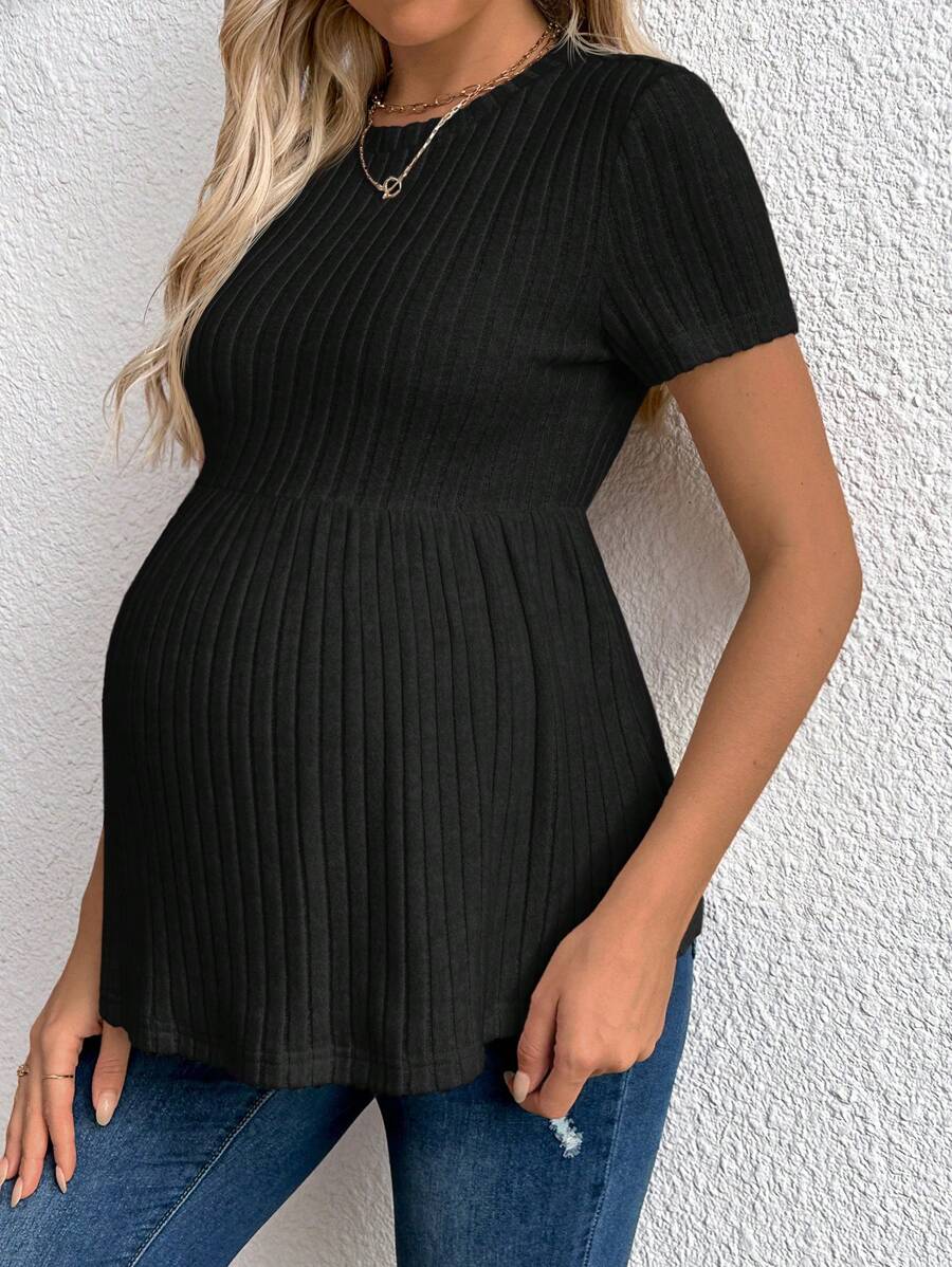 Maternity Rib Knit Ruffle Hem Top Black Round Neck Short Sleeve Slim Fit Casual Flared Tee Shirt for Daily Wear