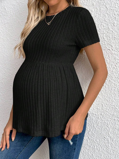 Maternity Rib Knit Ruffle Hem Top Black Round Neck Short Sleeve Slim Fit Casual Flared Tee Shirt for Daily Wear