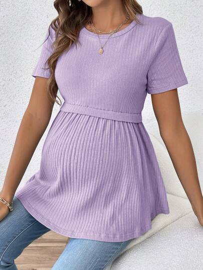 Elegant Romantic Gender Reveal Party Round Neck Short Sleeve Maternity T-Shirt in Lilac Purple Ruffle Hem Slim Fit Cotton Tee