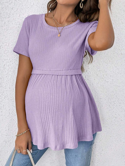 Elegant Romantic Gender Reveal Party Round Neck Short Sleeve Maternity T-Shirt in Lilac Purple Ruffle Hem Slim Fit Cotton Tee