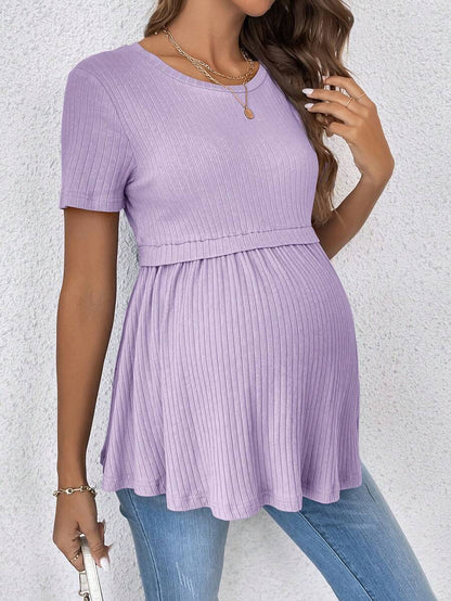 Romantic Ruffle Hem Maternity T-Shirt - Elegant Short Sleeve Round Neck Black Slim Fit Cotton Knit Top for Gender Reveal & Daily Wear
