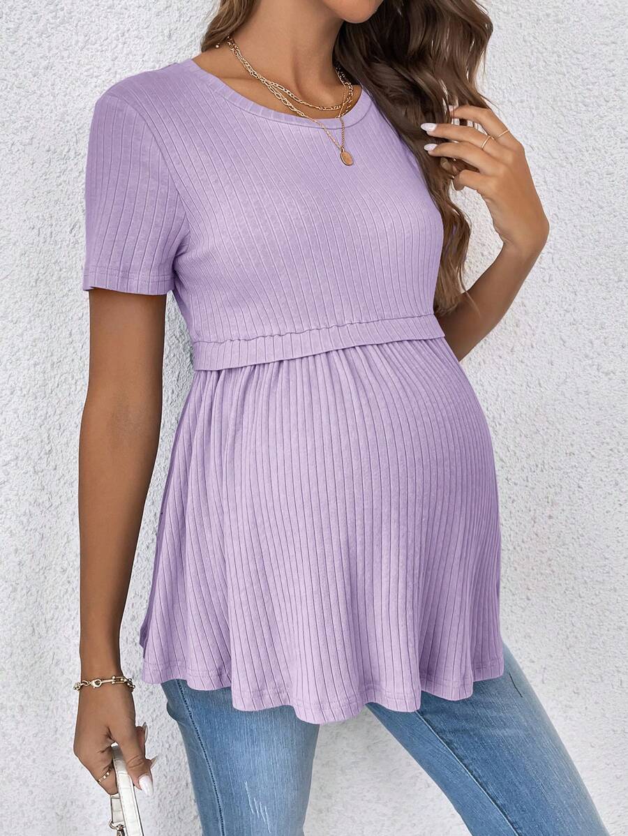 Elegant Romantic Gender Reveal Party Round Neck Short Sleeve Maternity T-Shirt in Lilac Purple Ruffle Hem Slim Fit Cotton Tee