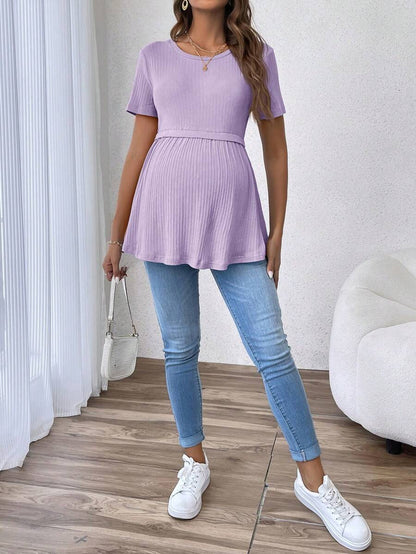 Romantic Ruffle Hem Maternity T-Shirt - Elegant Short Sleeve Round Neck Black Slim Fit Cotton Knit Top for Gender Reveal & Daily Wear