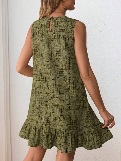 Maternity Casual Round Neck Sleeveless Ruffle Hem Short Smock Dress in Khaki Print for Summer Daily Wear