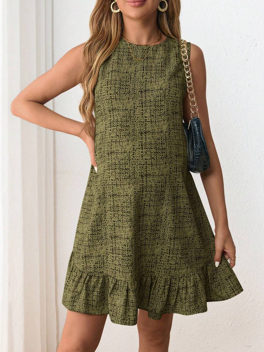 Maternity Casual Round Neck Sleeveless Ruffle Hem Short Smock Dress in Khaki Print for Summer Daily Wear