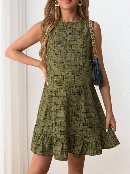 Maternity Casual Round Neck Sleeveless Ruffle Hem Short Smock Dress in Khaki Print for Summer Daily Wear