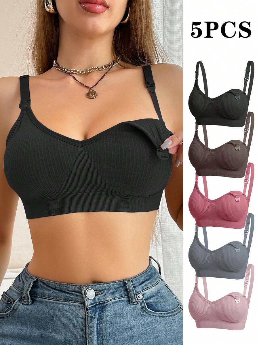 5-Pack Ribbed Maternity Nursing Bras - Comfortable Wireless Seamless Bralette Set with Adjustable Straps and Removable Padding