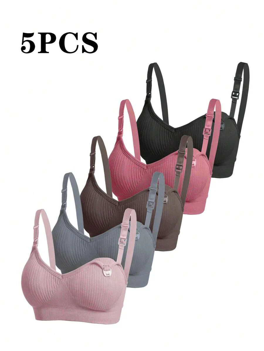 5-Pack Ribbed Maternity Nursing Bras - Comfortable Wireless Seamless Bralette Set with Adjustable Straps and Removable Padding