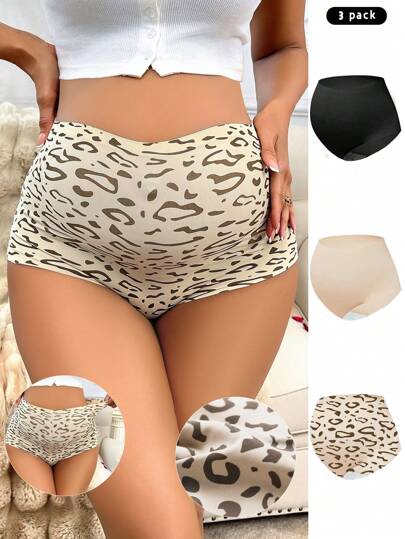 Maternity Panties 3 Pack - High Waist Seamless Leopard Print Soft Stretch, Pregnancy