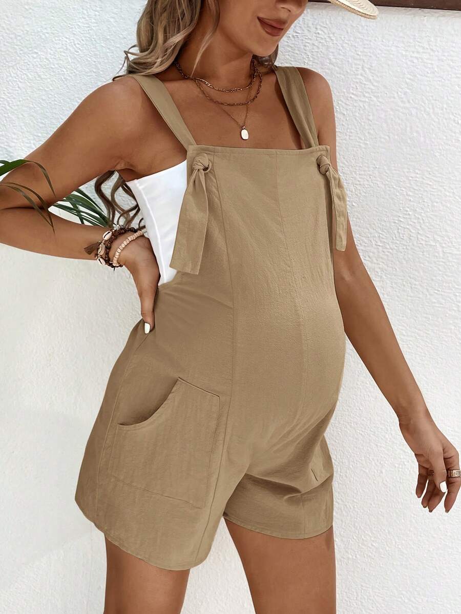 Pink Minimalist Backless Maternity Jumpsuit - 100% Cotton Loose Fit Short Overalls with Pockets - Summer Beach Casual Sleeveless One Piece
