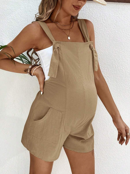 Pink Minimalist Backless Maternity Jumpsuit - 100% Cotton Loose Fit Short Overalls with Pockets - Summer Beach Casual Sleeveless One Piece