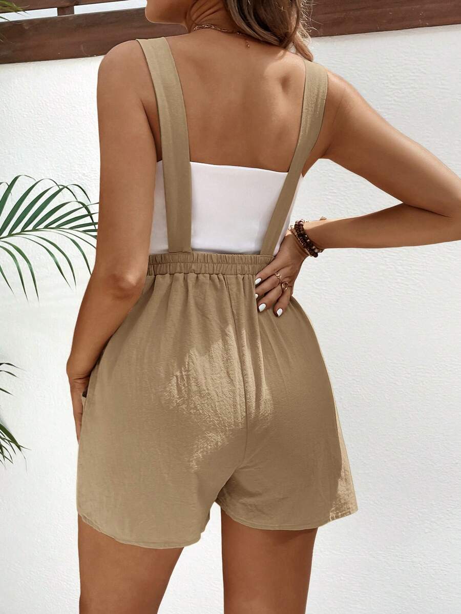 Pink Minimalist Backless Maternity Jumpsuit - 100% Cotton Loose Fit Short Overalls with Pockets - Summer Beach Casual Sleeveless One Piece