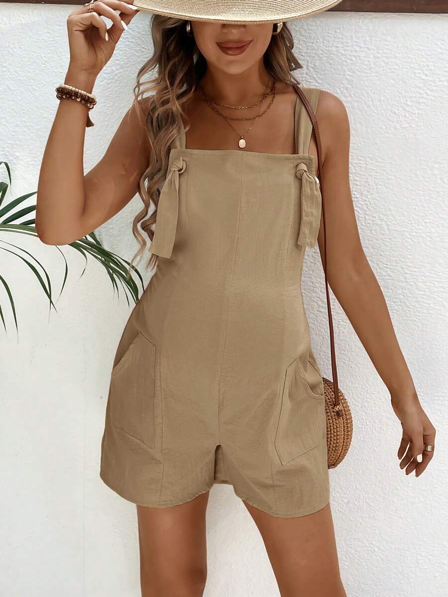 Pink Minimalist Backless Maternity Jumpsuit - 100% Cotton Loose Fit Short Overalls with Pockets - Summer Beach Casual Sleeveless One Piece