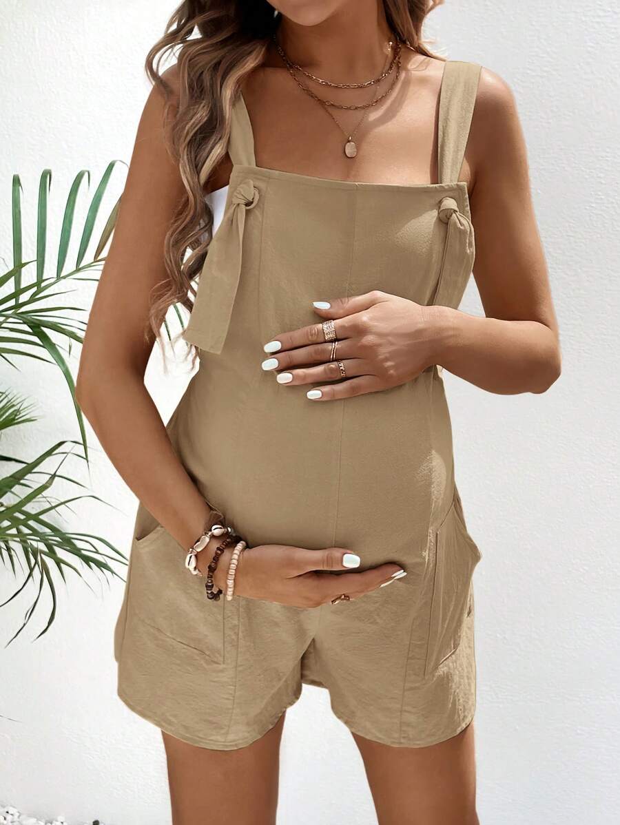 Pink Minimalist Backless Maternity Jumpsuit - 100% Cotton Loose Fit Short Overalls with Pockets - Summer Beach Casual Sleeveless One Piece