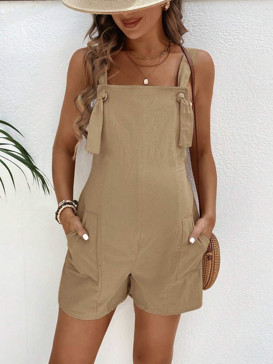 Pink Minimalist Backless Maternity Jumpsuit - 100% Cotton Loose Fit Short Overalls with Pockets - Summer Beach Casual Sleeveless One Piece
