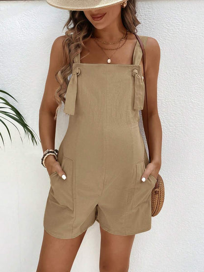 Pink Minimalist Backless Maternity Jumpsuit - 100% Cotton Loose Fit Short Overalls with Pockets - Summer Beach Casual Sleeveless One Piece