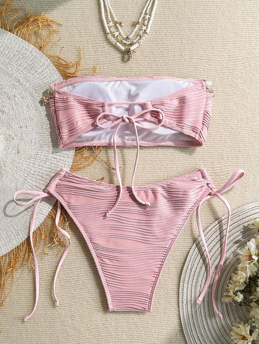 Women's 2-Piece Textured Bandeau Bikini Set - Shell Strap, Tie Side, Lace Up, White