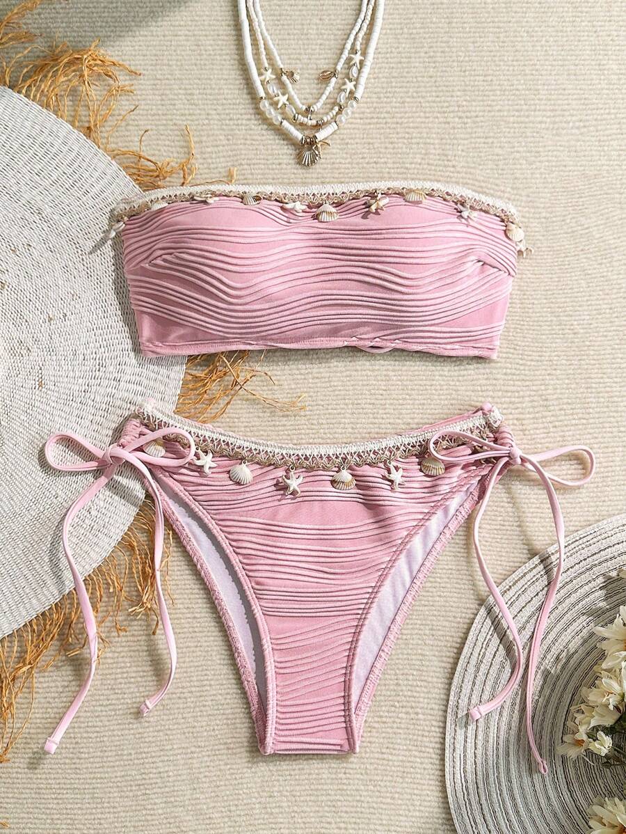 Women's 2-Piece Textured Bandeau Bikini Set - Shell Strap, Tie Side, Lace Up, White