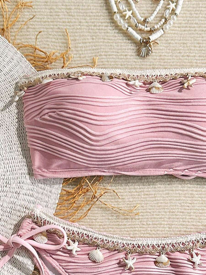 Women's 2-Piece Textured Bandeau Bikini Set - Shell Strap, Tie Side, Lace Up, White