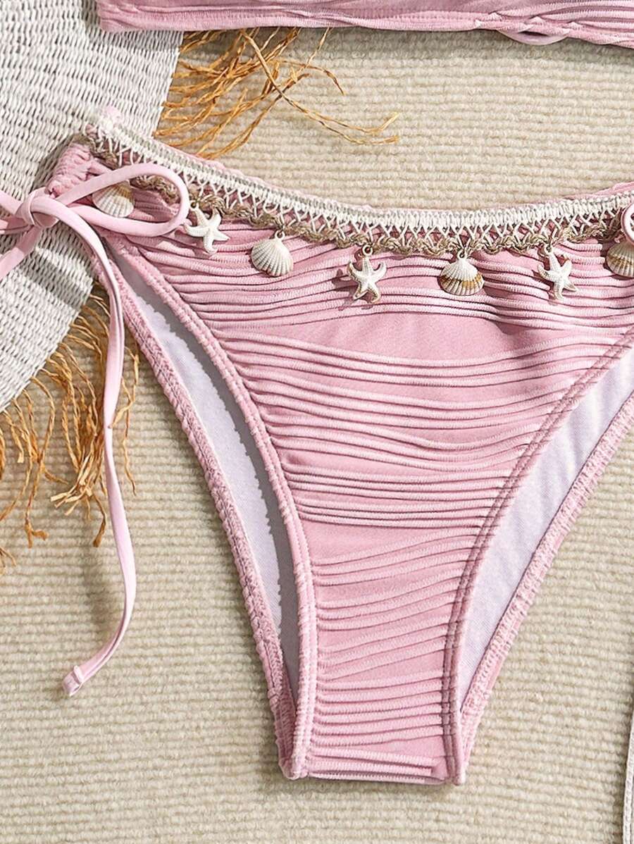 Women's 2-Piece Textured Bandeau Bikini Set - Shell Strap, Tie Side, Lace Up, White