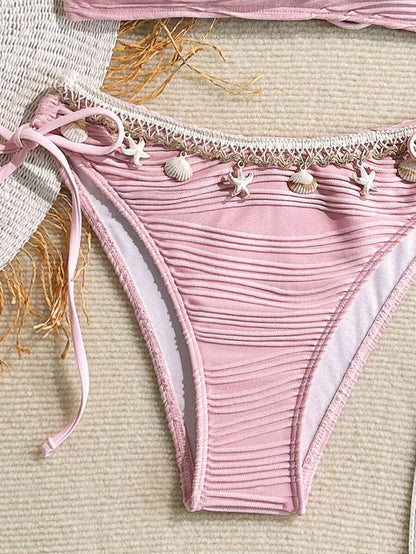 Women's 2-Piece Textured Bandeau Bikini Set - Shell Strap, Tie Side, Lace Up, White
