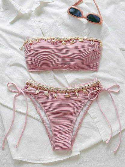Women's 2-Piece Textured Bandeau Bikini Set - Shell Strap, Tie Side, Lace Up, White