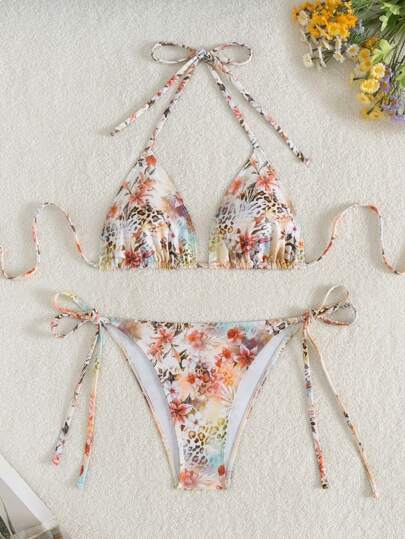 Women's 2-Piece Halter Bikini Set - Leopard & Floral Print, Tie Side, Triangle Cup, Multicolor