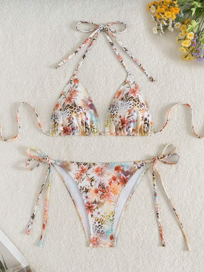 Women's 2-Piece Halter Bikini Set - Leopard & Floral Print, Tie Side, Triangle Cup, Multicolor