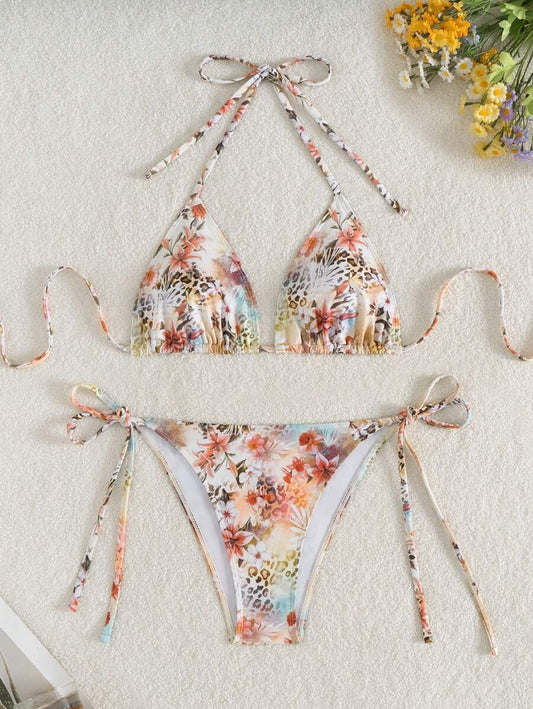 Women's 2-Piece Halter Bikini Set - Leopard & Floral Print, Tie Side, Triangle Cup, Multicolor