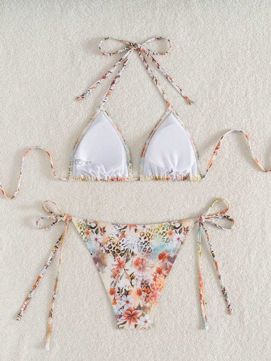 Women's Plain Halter Bikini Set - Knot Detail, Tie Side, Triangle Cup, Navy Blue