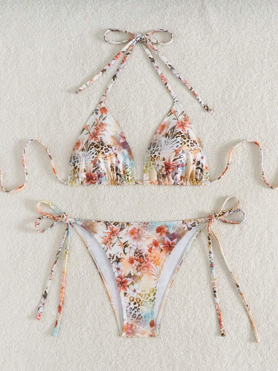 Women's 2-Piece Halter Bikini Set - Leopard & Floral Print, Tie Side, Triangle Cup, Multicolor
