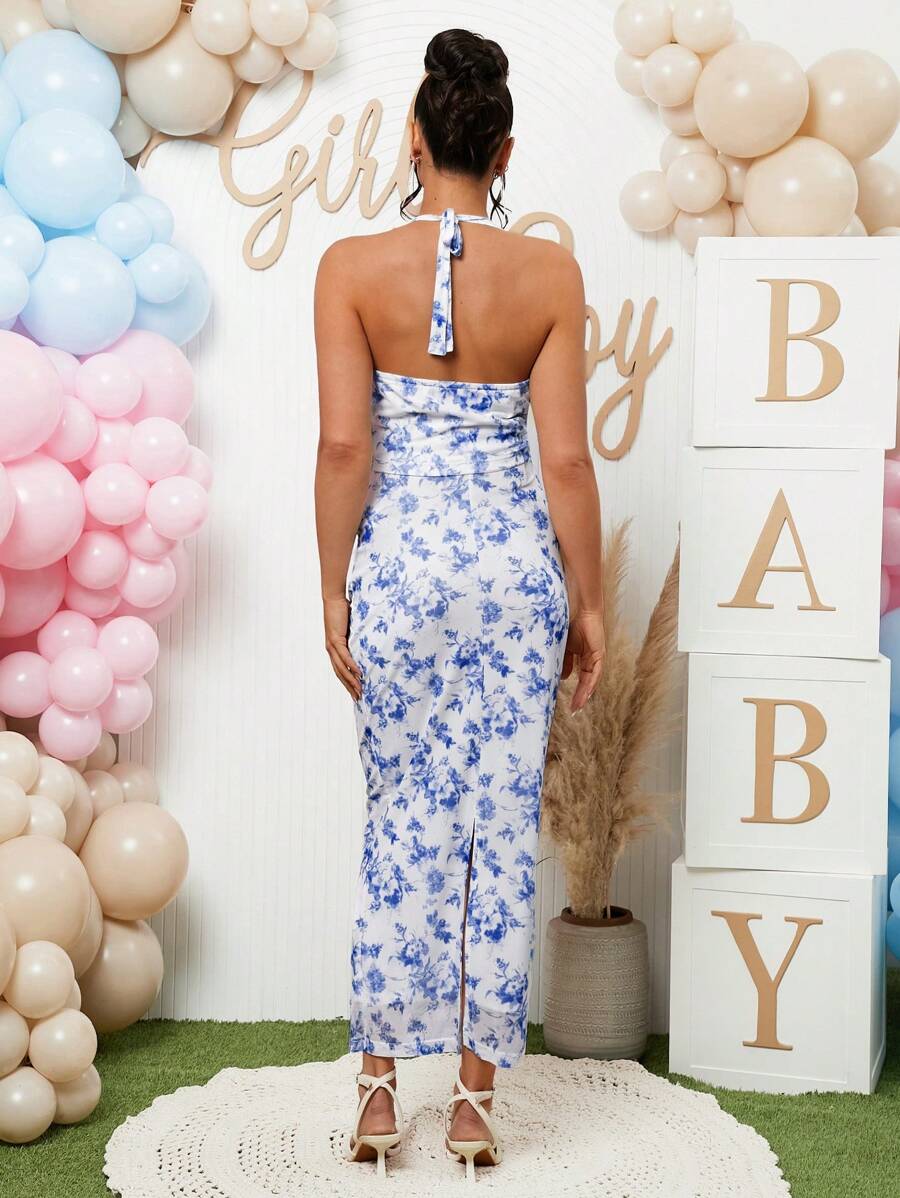 2 Piece Maternity Set Colorblock Halter Neck Top and Midi Skirt with Arm Sleeves for Baby Shower and Gender Reveal Blue and White