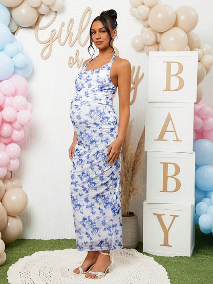 2 Piece Maternity Set Colorblock Halter Neck Top and Midi Skirt with Arm Sleeves for Baby Shower and Gender Reveal Blue and White