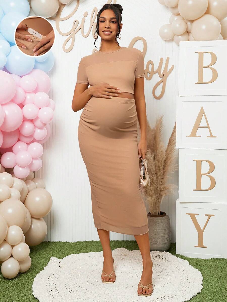 2 Piece Maternity Set Khaki Round Neck Short Sleeve Crop Tee and Adjustable High Stretch Ruched Midi Skirt for Baby Shower and Gender Reveal